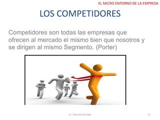LOS COMPETIDORES
Competidores son todas las empresas que
ofrecen al mercado el mismo bien que nosotros y
se dirigen al mismo Segmento. (Porter)
Lic. Eduardo Hurtado 21
EL MICRO ENTORNO DE LA EMPRESA
 