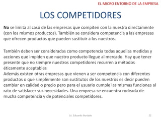 LOS COMPETIDORES
No se limita al caso de las empresas que compiten con la nuestra directamente
(con los mismos productos). También se considera competencia a las empresas
que ofrecen productos que pueden sustituir a los nuestros.
También deben ser consideradas como competencia todas aquellas medidas y
acciones que impiden que nuestro producto llegue al mercado. Hay que tener
presente que no siempre nuestros competidores recurren a métodos
éticamente aceptables
Además existen otras empresas que vienen a ser competencia con diferentes
productos o que simplemente son sustitutos de los nuestros es decir pueden
cambiar en calidad o precio pero para el usuario cumple las mismas funciones al
rato de satisfacer sus necesidades. Una empresa se encuentra rodeada de
mucha competencia y de potenciales competidores.
Lic. Eduardo Hurtado 22
EL MICRO ENTORNO DE LA EMPRESA
 