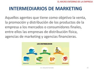 INTERMEDIARIOS DE MARKETING
Aquellos agentes que tiene como objetivo la venta,
la promoción y distribución de los productos de la
empresa a los mercados o consumidores finales,
entre ellos las empresas de distribución física,
agencias de marketing y agencias financieras.
Lic. Eduardo Hurtado 23
EL MICRO ENTORNO DE LA EMPRESA
 