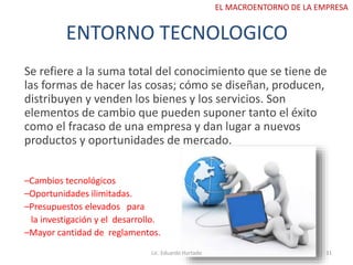 ENTORNO TECNOLOGICO
Se refiere a la suma total del conocimiento que se tiene de
las formas de hacer las cosas; cómo se diseñan, producen,
distribuyen y venden los bienes y los servicios. Son
elementos de cambio que pueden suponer tanto el éxito
como el fracaso de una empresa y dan lugar a nuevos
productos y oportunidades de mercado.
–Cambios tecnológicos
–Oportunidades ilimitadas.
–Presupuestos elevados para
la investigación y el desarrollo.
–Mayor cantidad de reglamentos.
Lic. Eduardo Hurtado 31
EL MACROENTORNO DE LA EMPRESA
 