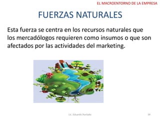 FUERZAS NATURALES
Esta fuerza se centra en los recursos naturales que
los mercadólogos requieren como insumos o que son
afectados por las actividades del marketing.
Lic. Eduardo Hurtado 34
EL MACROENTORNO DE LA EMPRESA
 