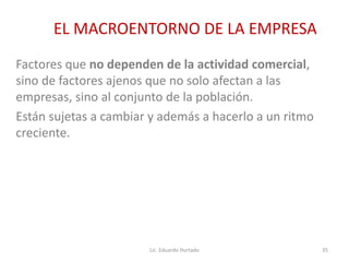 Factores que no dependen de la actividad comercial,
sino de factores ajenos que no solo afectan a las
empresas, sino al conjunto de la población.
Están sujetas a cambiar y además a hacerlo a un ritmo
creciente.
Lic. Eduardo Hurtado 35
EL MACROENTORNO DE LA EMPRESA
 