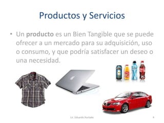 Productos y Servicios
• Un producto es un Bien Tangible que se puede
ofrecer a un mercado para su adquisición, uso
o consumo, y que podría satisfacer un deseo o
una necesidad.
Lic. Eduardo Hurtado 4
 