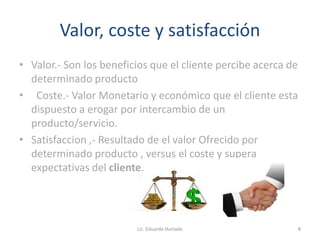Valor, coste y satisfacción
• Valor.- Son los beneficios que el cliente percibe acerca de
determinado producto
• Coste.- Valor Monetario y económico que el cliente esta
dispuesto a erogar por intercambio de un
producto/servicio.
• Satisfaccion ,- Resultado de el valor Ofrecido por
determinado producto , versus el coste y supera
expectativas del cliente.
Lic. Eduardo Hurtado 8
 