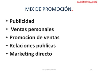 MIX DE PROMOCIÓN.
• Publicidad
• Ventas personales
• Promocion de ventas
• Relaciones publicas
• Marketing directo
Lic. Eduardo Hurtado 89
LA COMUNICACION
 