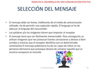 SELECCIÓN DEL MENSAJE
• El mensaje debe ser breve, Indiferente de el medio de comunicación
utilizado. Ha de permitir una captación rápida. El lenguaje se ha de
adecuar al lenguaje del consumidor.
• Las palabras y/o las imágenes tienen que impactar al receptor.
• El mensaje tiene que ser fácilmente memorizable. Para conseguirlo, se
utilizan imágenes que nos provocan fuertes sensaciones y deseos o bien
sonidos y músicas que el receptor identifica con un determinado
sentimiento El mensaje publicitario ha de ser capaz de influir en las
personas demanera que provoque deseos de comprar aquello que se
anuncia aunqueno se necesite
Lic. Eduardo Hurtado 94
PASOS EN EL DESARROLLO DE UNA COMUNICACIÓN EFECTIVA
 