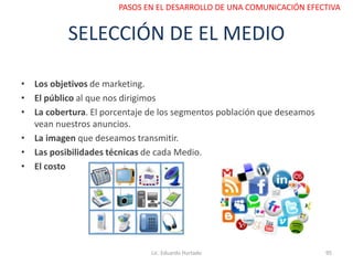 SELECCIÓN DE EL MEDIO
• Los objetivos de marketing.
• El público al que nos dirigimos
• La cobertura. El porcentaje de los segmentos población que deseamos
vean nuestros anuncios.
• La imagen que deseamos transmitir.
• Las posibilidades técnicas de cada Medio.
• El costo
Lic. Eduardo Hurtado 95
PASOS EN EL DESARROLLO DE UNA COMUNICACIÓN EFECTIVA
 