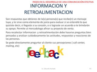 INFORMACION Y
RETROALIMENTACION
Son respuestas que obtienes de la(s) persona(s) que recibe(n) un mensaje
tuyo, y te sirve como elemento de juicio para evaluar si se entendió lo que
quisiste decir, si llegaste a su corazón, o si lograste un acuerdo o te brindarán
su apoyo. Permite al mercadologo afinar su proyecto de venta.
Para recolectar Informacion y retroalimentación debe hacerse preguntas bien
pensadas y analizar cuidadosamente las actitudes, respuestas y reacciones de
las personas.
Se pede directamente preguntar al cliente sus percepciones ( call center,
mailing, etc)
Lic. Eduardo Hurtado 97
PASOS EN EL DESARROLLO DE UNA COMUNICACIÓN EFECTIVA
 