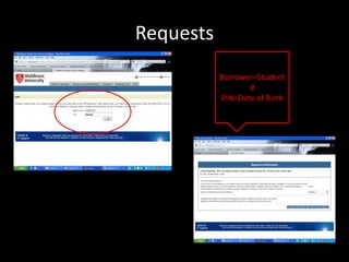 Requests
           Borrower=Student
                  #
           PIN=Date of Birth
 