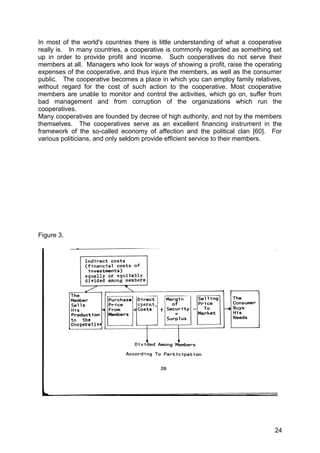 In most of the world's countries there is little understanding of what a cooperative
really is. In many countries, a cooperative is commonly regarded as something set
up in order to provide profit and income. Such cooperatives do not serve their
members at all. Managers who look for ways of showing a profit, raise the operating
expenses of the cooperative, and thus injure the members, as well as the consumer
public. The cooperative becomes a place in which you can employ family relatives,
without regard for the cost of such action to the cooperative. Most cooperative
members are unable to monitor and control the activities, which go on, suffer from
bad management and from corruption of the organizations which run the
cooperatives.
Many cooperatives are founded by decree of high authority, and not by the members
themselves. The cooperatives serve as an excellent financing instrument in the
framework of the so-called economy of affection and the political clan [60]. For
various politicians, and only seldom provide efficient service to their members.




Figure 3.




                                                                                 24
 