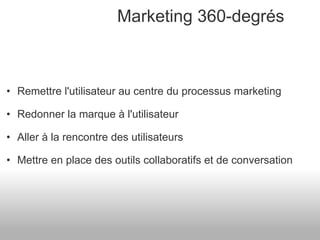 Marketing 360-degrés Remettre l'utilisateur au centre du processus marketing Redonner la marque à l'utilisateur Aller à la rencontre des utilisateurs Mettre en place des outils collaboratifs et de conversation 