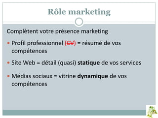Rôle marketing
Complètent votre présence marketing
 Profil professionnel (CV) = résumé de vos
compétences
 Site Web = détail (quasi) statique de vos services
 Médias sociaux = vitrine dynamique de vos
compétences
 