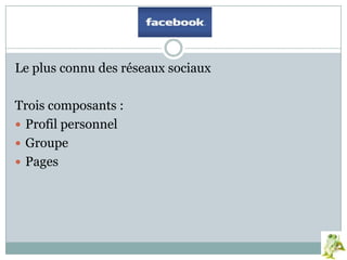 Le plus connu des réseaux sociaux
Trois composants :
 Profil personnel
 Groupe
 Pages
 