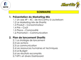 SOMMAIRE
1. Présentation du Marketing Mix
1.1 Un axe 4P – 4C : de McCarthy à Lauterborn
1.2 Le Marketing Mix de Sharitiz
1.3 Produit – Consommateur
1.4 Prix – Coût
1.5 Place – Commodité
1.6 Promotion – Communication
2. Plan de lancement Sharitiz
2.1 La stratégie de lancement
2.2 Les actions
2.3 La communication
2.4 Les ressources humaines et techniques
2.5 Le Budget
2.6 Les résultats escomptés
2.7 KPI’s et divers Dashboard
2
 