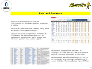 Selon une étude Nielsen de 2016, 90% des
consommateurs font confiance à leurs pairs contre 33% à
la publicité.
Selon l’étude Tomoson influencer Marketing Survey, le ROI
est 5x plus important via les influenceurs.
Des outils tels que influencepanel nous permettrons de
pouvoir définir une liste cible d’influenceurs sur les
catégories qui nous intéressent, sur les pays qui nous
intéressent également et sur les bons supports.
Liste des influenceurs
Nous devrons également nous appuyer sur les
influenceurs du monde digital, pour que nous plateforme
puisse être connue et reconnue par le milieu digital.
Nous réaliserons des listes cibles (par pays) du Top 100
qui compte dans le monde digital à l’mage du fichier en
Annexe : Liste des Influenceurs Digitaux France 2017.xlsx
30
 