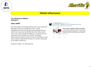 Les influenceurs digitaux
Exemple 3 :
Alban JARRY
Ce Chief Digital Technology Officer chez Axa Investment
Managers est aussi enseignant à HEC, publie
régulièrement des tribunes dans des supports tels que
les Echos. Avec plus de 50 000 abonnés, Alban Jarry
réunit une communauté de fidèles qui s'inspirent de ses
publications pour piloter leur activité. Il partage
beaucoup de contenus variés et cite en exemples ce que
telle ou telle entreprise fait de bien en content marketing
et en digital notamment
Audience Twitter : 57 300 abonnés
Détails influenceurs
34
 