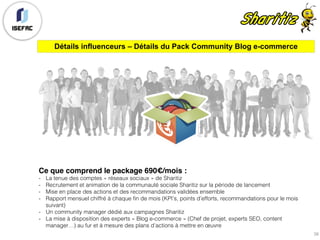 Ce que comprend le package 690€/mois :
- La tenue des comptes « réseaux sociaux » de Sharitiz
- Recrutement et animation de la communauté sociale Sharitiz sur la période de lancement
- Mise en place des actions et des recommandations validées ensemble
- Rapport mensuel chiffré à chaque fin de mois (KPI’s, points d’efforts, recommandations pour le mois
suivant)
- Un community manager dédié aux campagnes Sharitiz
- La mise à disposition des experts « Blog e-commerce » (Chef de projet, experts SEO, content
manager…) au fur et à mesure des plans d’actions à mettre en œuvre
Détails influenceurs – Détails du Pack Community Blog e-commerce
38
 