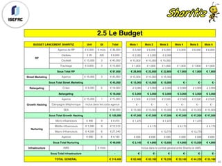 2.5 Le Budget
BUDGET LANCEMENT SHARITIZ Unit Qt Total Mois 1 Mois 2 Mois 3 Mois 4 Mois 5 Mois 6
RP
Agence de RP € 6,000 6 mois € 36,000 € 6,000 € 6,000 € 6,000 € 6,000 € 6,000 € 6,000
Cadeau € 20 300 € 6,000 € 2,000 € 2,000 € 2,000
Cocktaïl € 15,000 3 € 45,000 € 15,000 € 15,000 € 15,000
Tracktage € 3,600 3 € 10,800 € 1,800 € 1,800 € 1,800 € 1,800 € 1,800 € 1,800
Sous Total RP € 97,800 € 28,800 € 22,800 € 22,800 € 7,800 € 7,800 € 7,800
Street Marketing Agence € 15,000 3 € 45,000 € 15,000 € 15,000 € 15,000
Sous Total Street Marketing € 45,000 € 15,000 € 15,000 € 15,000 € - € - € -
Retargeting Criteo € 3,000 6 € 18,000 € 3,000 € 3,000 € 3,000 € 3,000 € 3,000 € 3,000
Retargeting € 18,000 € 3,000 € 3,000 € 3,000 € 3,000 € 3,000 € 3,000
Growth Hacking
Agence € 15,000 1 € 15,000 € 2,500 € 2,500 € 2,500 € 2,500 € 2,500 € 2,500
Campagne téléphonique Inclus dans les coûts agence € - € - € - € - € - € -
SEA € 90,000 € 15,000 € 15,000 € 15,000 € 15,000 € 15,000 € 15,000
Sous Total Growth Hacking € 105,000 € 47,500 € 47,500 € 47,500 € 47,500 € 47,500 € 47,500
Nurturing
Micro influenceurs € 490 9 € 4,410 € 1,470 € 1,470 € 1,470
Middle influenceurs € 1,390 9 € 12,510 € 4,170 € 4,170 € 4,170
Macro Influenceurs € 4,590 6 € 27,540 € 13,770 € 13,770
Agence € 690 6 € 4,140 € 690 € 690 € 690 € 690 € 690 € 690
Sous Total Nurturing € 48,600 € 2,160 € 4,860 € 15,930 € 4,860 € 15,930 € 4,860
Infrastructure AWS 6 mois - Inclus dans le contrat général entre Sharitiz et AWS
Sous Total Infrastructure - € - € - € - € - € - € -
TOTAL GENERAL € 314,400 € 62,460 € 65,160 € 76,230 € 33,160 € 44,230 € 33,160
46
 