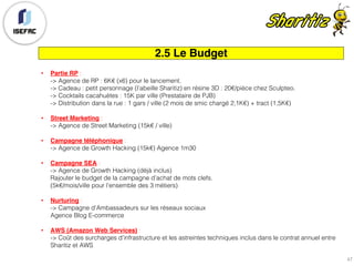 2.5 Le Budget
• Partie RP :
-> Agence de RP : 6K€ (x6) pour le lancement.
-> Cadeau : petit personnage (l’abeille Sharitiz) en résine 3D : 20€/pièce chez Sculpteo.
-> Cocktails cacahuètes : 15K par ville (Prestataire de PJB)
-> Distribution dans la rue : 1 gars / ville (2 mois de smic chargé 2,1K€) + tract (1,5K€)
• Street Marketing :
-> Agence de Street Marketing (15k€ / ville)
• Campagne téléphonique :
-> Agence de Growth Hacking (15k€) Agence 1m30
• Campagne SEA :
-> Agence de Growth Hacking (déjà inclus)
Rajouter le budget de la campagne d’achat de mots clefs.
(5k€/mois/ville pour l’ensemble des 3 métiers)
• Nurturing :
-> Campagne d’Ambassadeurs sur les réseaux sociaux
Agence Blog E-commerce
• AWS (Amazon Web Services) :
-> Coût des surcharges d’infrastructure et les astreintes techniques inclus dans le contrat annuel entre
Sharitiz et AWS
47
 