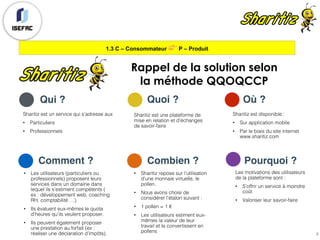 1.3 C – Consommateur 👉 P – Produit
Qui ?
Sharitiz est un service qui s’adresse aux
• Particuliers
• Professionnels
Comment ?
• Les utilisateurs (particuliers ou
professionnels) proposent leurs
services dans un domaine dans
lequel ils s’estiment compétents (
ex : développement web, coaching
RH, comptabilité …).
• Ils évaluent eux-mêmes le quota
d’heures qu’ils veulent proposer.
• Ils peuvent également proposer
une prestation au forfait (ex :
réaliser une déclaration d’impôts).
Quoi ?
Sharitiz est une plateforme de
mise en relation et d’échanges
de savoir-faire
Combien ?
• Sharitiz repose sur l’utilisation
d’une monnaie virtuelle, le
pollen.
• Nous avons choisi de
considérer l’étalon suivant :
• 1 pollen = 1 €
• Les utilisateurs estiment eux-
mêmes la valeur de leur
travail et la convertissent en
pollens
Où ?
Sharitiz est disponible :
• Sur application mobile
• Par le biais du site internet
www.sharitiz.com
Pourquoi ?
Les motivations des utilisateurs
de la plateforme sont :
• S’offrir un service à moindre
coût
• Valoriser leur savoir-faire
8
Rappel de la solution selon
la méthode QQOQCCP
 
