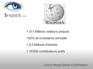 <ul><li>> 211 Millions visiteurs uniques +52% de croissance annuelle > 8,3 Millions d'articles > 75'000 contributeurs acti...