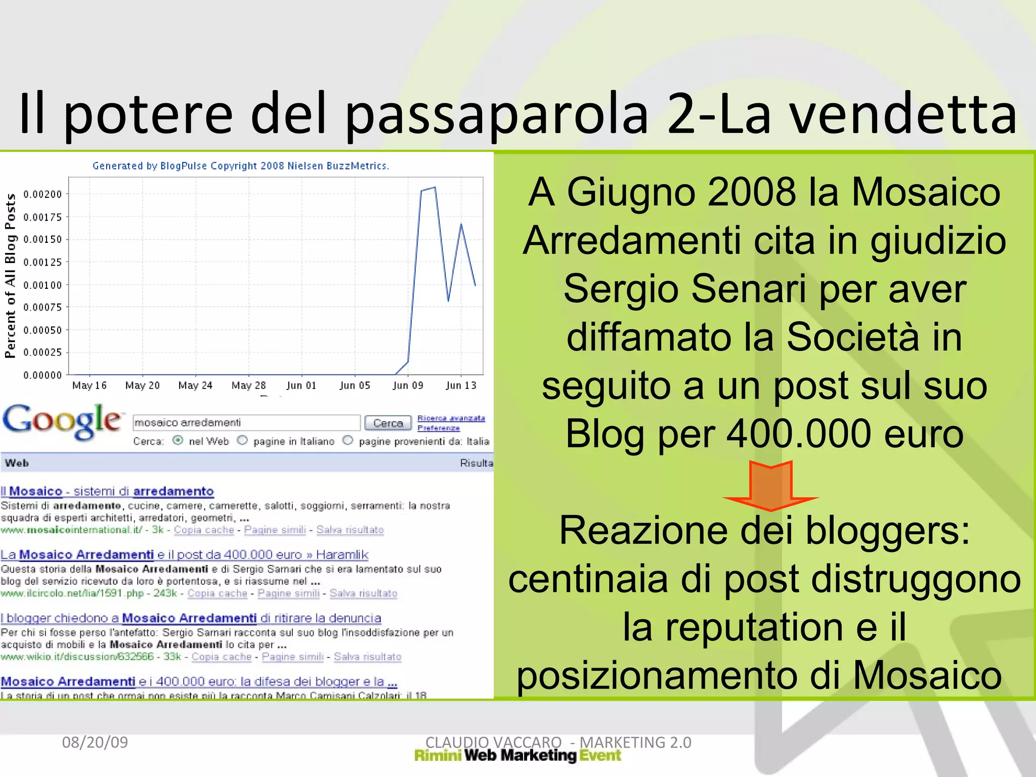 A Giugno 2008 la Mosaico Arredamenti cita in giudizio Sergio Senari per aver diffamato la Società in seguito a un post sul suo Blog per 400.000 euro Reazione dei bloggers: centinaia di post distruggono la reputation e il posizionamento di Mosaico  06/06/09 CLAUDIO VACCARO  - MARKETING 2.0 Il potere del passaparola 2-La vendetta 