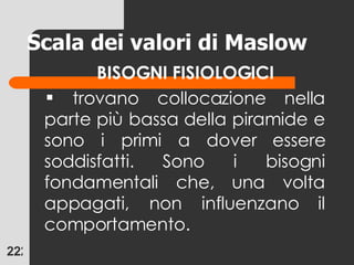 Scala dei valori di Maslow BISOGNI FISIOLOGICI trovano collocazione nella parte più bassa della piramide e sono i primi a dover essere soddisfatti. Sono i bisogni fondamentali che, una volta appagati, non influenzano il comportamento.  