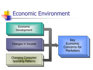 Economic Environment

    Economic
   Development


                         Key
Changes in Income     Economic
                     Concerns for
                      Marketers

Changing Consumer
 Spending Patterns
 