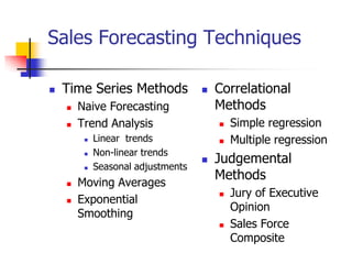 Sales Forecasting Techniques

   Time Series Methods                Correlational
       Naive Forecasting               Methods
       Trend Analysis                     Simple regression
            Linear trends                 Multiple regression
             Non-linear trends
                                        Judgemental
         
                                    
            Seasonal adjustments
                                        Methods
       Moving Averages
                                           Jury of Executive
       Exponential
                                            Opinion
        Smoothing
                                           Sales Force
                                            Composite
 
