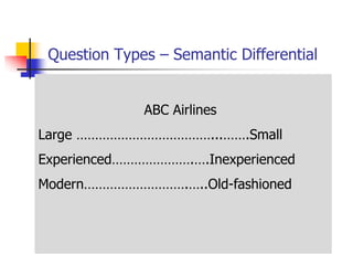 Question Types – Semantic Differential


              ABC Airlines
Large ………………………………...…….Small
Experienced………………….….Inexperienced
Modern……………………….…..Old-fashioned
 
