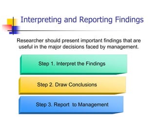 Interpreting and Reporting Findings

Researcher should present important findings that are
 useful in the major decisions faced by management.


         Step 1. Interpret the Findings



        Step 2. Draw Conclusions


        Step 3. Report to Management
 