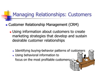 Managing Relationships: Customers
   Customer Relationship Management (CRM)
       Using information about customers to create
        marketing strategies that develop and sustain
        desirable customer relationships

           Identifying buying-behavior patterns of customers
           Using behavioral information to
            focus on the most profitable customers
 