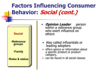 Factors Influencing Consumer
  Behavior: Social (cont.)

                  • Opinion Leader       person
                    within a reference group
                    who exert influence on
    Social          others

  •Reference      • Also called influentials or
    groups
                    leading adopters
                  • offers advice or information about
   •Family          a specific product or product
                    category,
•Roles & status   • can be found in all social classes
 