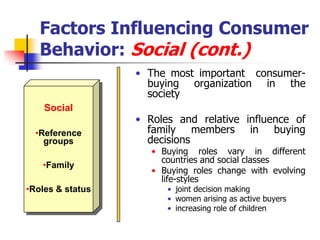 Factors Influencing Consumer
   Behavior: Social (cont.)
                  • The most important consumer-
                    buying organization in the
                    society
    Social
                  • Roles and relative influence of
  •Reference        family members in buying
    groups          decisions
                     • Buying roles vary in different
                       countries and social classes
   •Family
                     • Buying roles change with evolving
                       life-styles
•Roles & status         • joint decision making
                        • women arising as active buyers
                        • increasing role of children
 