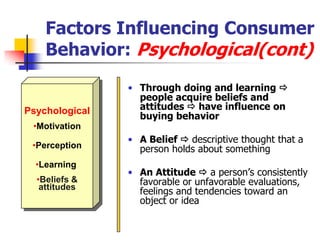 Factors Influencing Consumer
    Behavior: Psychological(cont)
                • Through doing and learning 
                  people acquire beliefs and
Psychological     attitudes  have influence on
                  buying behavior
 •Motivation
                • A Belief  descriptive thought that a
 •Perception      person holds about something
  •Learning
                • An Attitude  a person‘s consistently
  •Beliefs &      favorable or unfavorable evaluations,
   attitudes
                  feelings and tendencies toward an
                  object or idea
 