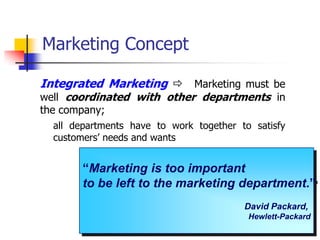 Marketing Concept

Integrated Marketing  Marketing must be
well coordinated with other departments in
the company;
  all departments have to work together to satisfy
  customers‘ needs and wants


        “Marketing is too important
        to be left to the marketing department.”
                                         David Packard,
                                          Hewlett-Packard
 