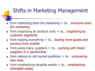 Shifts in Marketing Management

   from marketing does the marketing  to… everyone does
    the marketing
   from organizing by product units  to… organizing by
    customer segments
   from making everything  to… buying more goods and
    services from outside
   from using many suppliers  to… working with fewer
    suppliers in a ‗partnership‘
   from relying on old market positions  to… uncovering
    new ones
   from emphasizing tangible assets  to… emphasizing
    intangible assets
 