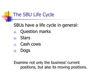 The SBU Life Cycle

SBUs have a life cycle in general:
a) Question marks
b) Stars
c) Cash cows
d) Dogs

Examine not only the business‘ current
   positions, but also its moving positions.
 