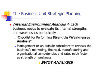 The Business Unit Strategic Planning

   Internal Environment Analysis  Each
    business needs to evaluate its internal strengths
    and weaknesses periodically
        ―Checklistfor Performing Strengths/Weaknesses
         Analysis‖
        Management or an outside consultant  reviews the
         business‘s marketing, financial, manufacturing and
         organizational competencies and rates each factor
         as strength or weakness
                          SWOT ANALYSIS
 