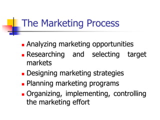 The Marketing Process

 Analyzing marketing opportunities
 Researching   and selecting target
  markets
 Designing marketing strategies

 Planning marketing programs

 Organizing, implementing, controlling

  the marketing effort
 
