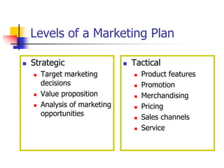 Levels of a Marketing Plan

   Strategic                      Tactical
       Target marketing               Product features
        decisions                      Promotion
       Value proposition              Merchandising
       Analysis of marketing          Pricing
        opportunities                  Sales channels
                                       Service
 