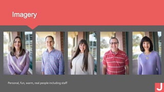 Imagery
Personal, fun, warm, real people including staff
 