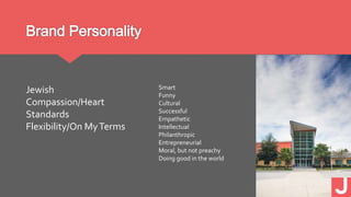 Brand Personality
Smart
Funny
Cultural
Successful
Empathetic
Intellectual
Philanthropic
Entrepreneurial
Moral, but not preachy
Doing good in the world
Jewish
Compassion/Heart
Standards
Flexibility/On MyTerms
 