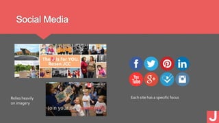 Social Media
Relies heavily
on imagery
Each site has a specific focus
 