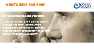What’s next for YOU?
Top Marketing2020 CMO Priorities
1. Lead by example in a digital world
2.Engage the total organization
3.Inspire and empower vs. control
4.Ensure brand consistency throughout
5.Build marketing capability

 