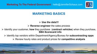 Marketing To The Federal Government hello@JenniferSchaus.com
MARKETING BASICS
 
