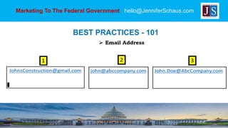 Marketing To The Federal Government hello@JenniferSchaus.com
BEST PRACTICES - 101
 