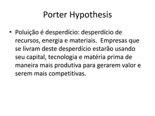 Porter HypothesisPoluição é desperdício: desperdício de recursos, energia e materiais.  Empresas que se livram deste desperdício estarão usando seu capital, tecnologia e matéria prima de maneira mais produtiva para gerarem valor e serem mais competitivas.