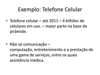 Exemplo: Telefone CelularTelefone celular – até 2011 – 4 bilhões de celulares em uso. – maior parte na base da pirâmide.Não só comunicação – computação, entretenimento e a prestação de uma gama de serviços, entre os quais assistência médica.