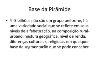 Base da Pirâmide4 -5 bilhõesnãosão um grupouniforme, háumavariedade social que se refleteemseusníveis de alfabetização, nacomposição rural-urbano, misturageográfica, nível de renda, diferençasculturais e religiosasemqualquer base de segmentaçãoque se podeconceber. 